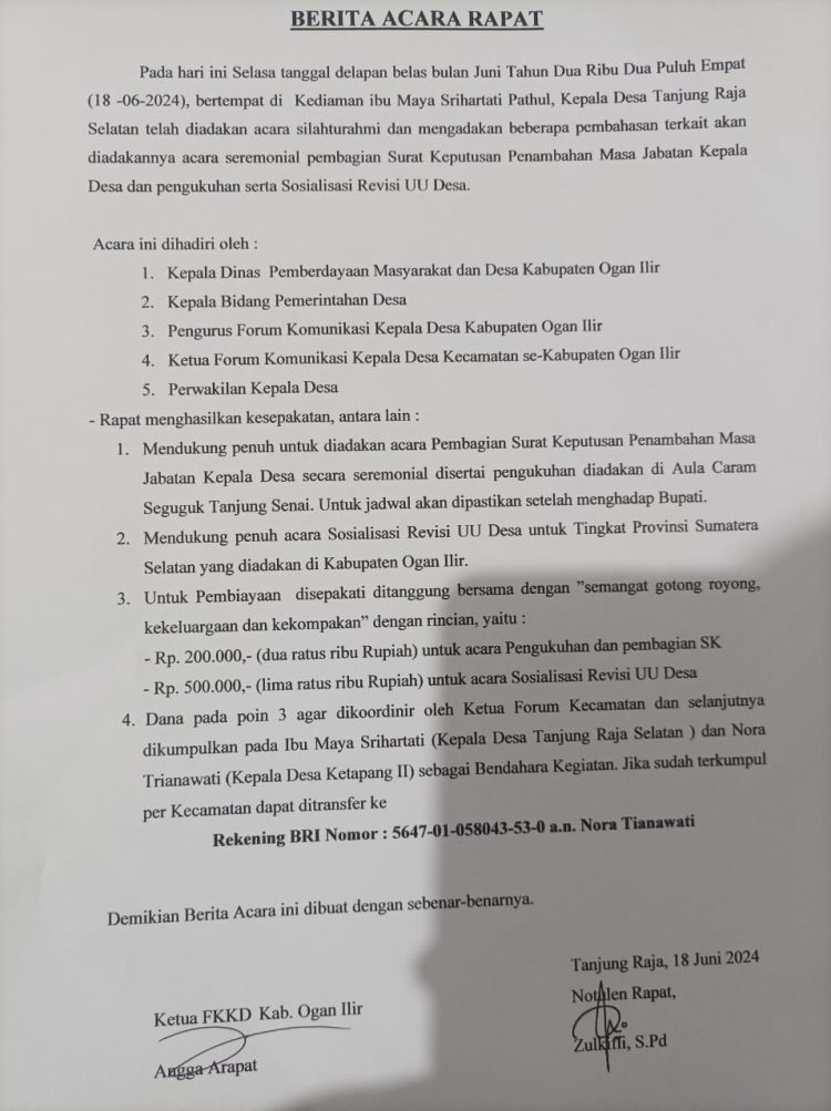 Diduga Pungutan Biaya Kades Perima SK Dikeluhkan