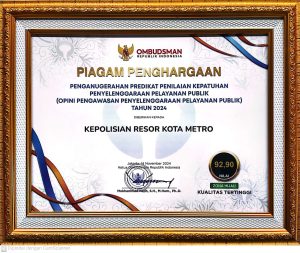 Polres Metro Terima Penghargaan Pelayanan Publik 2024 dari Ombudsman RI Provinsi Lampung